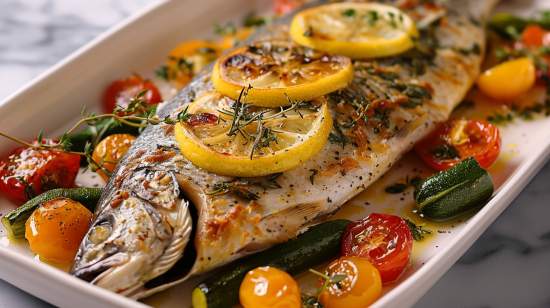 Запечена риба з лимоном та овочами, багата на омега-3 жирні кислоти та білок