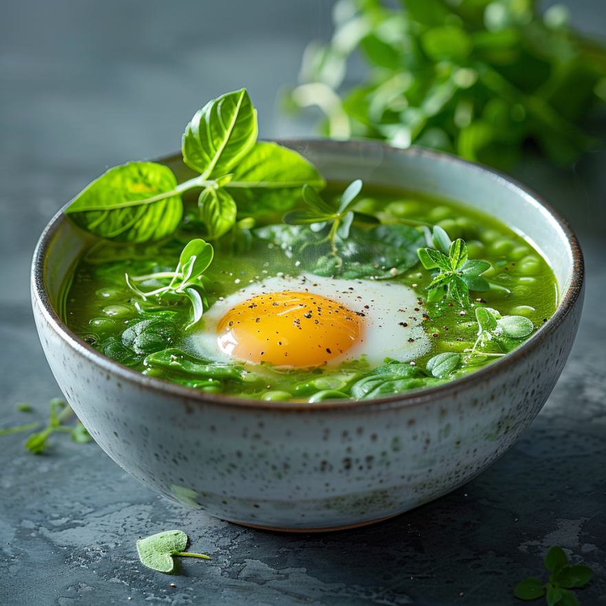 Зелений суп з молодою зеленню, щавлем та яйцем