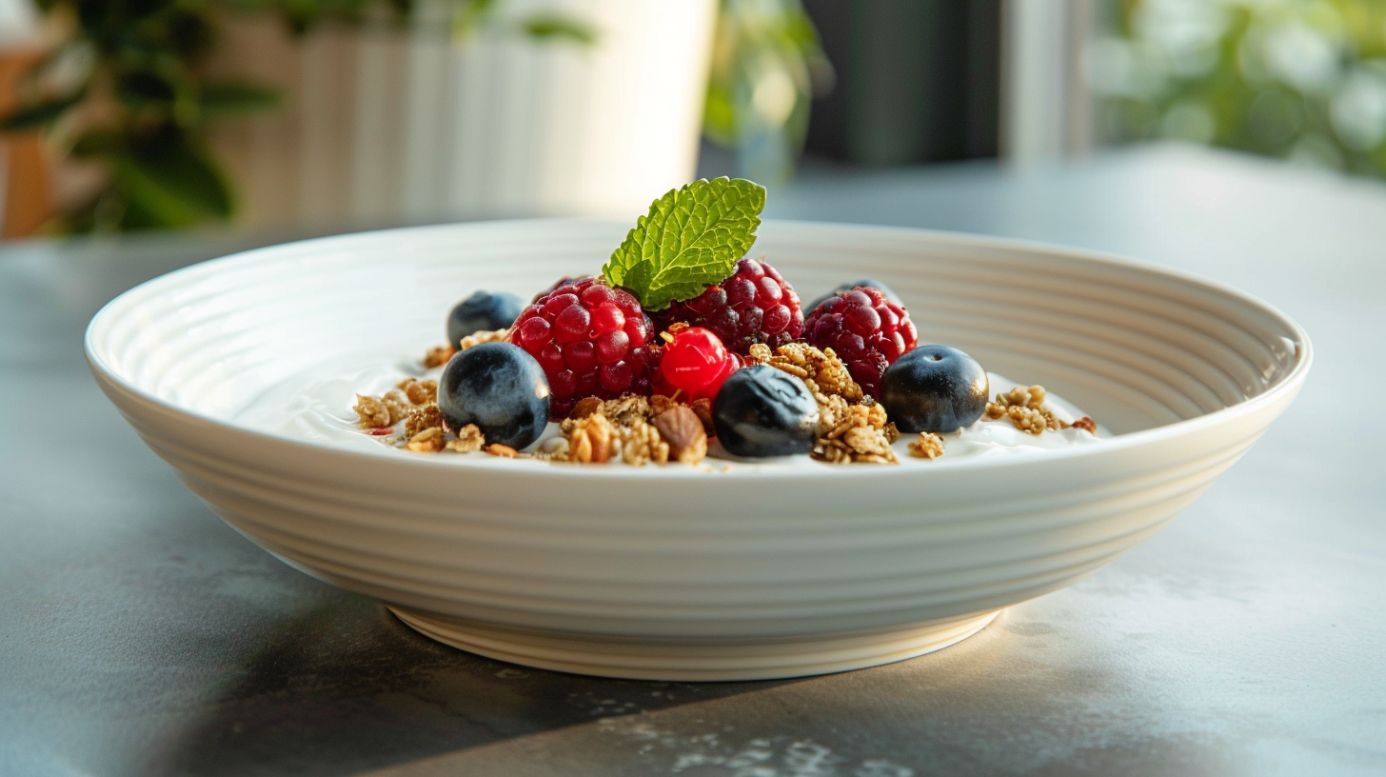 Поживна вівсянка з ягодами, горіхами та медом, прикрашена свіжими фруктами