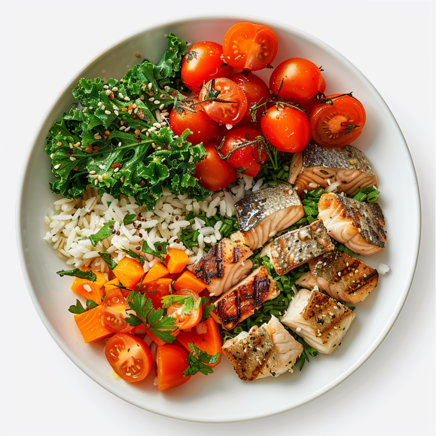 Ілюстрація здорової тарілки з правильними пропорціями різноманітних продуктів: багато овочів, помірна кількість білків та складних вуглеводів