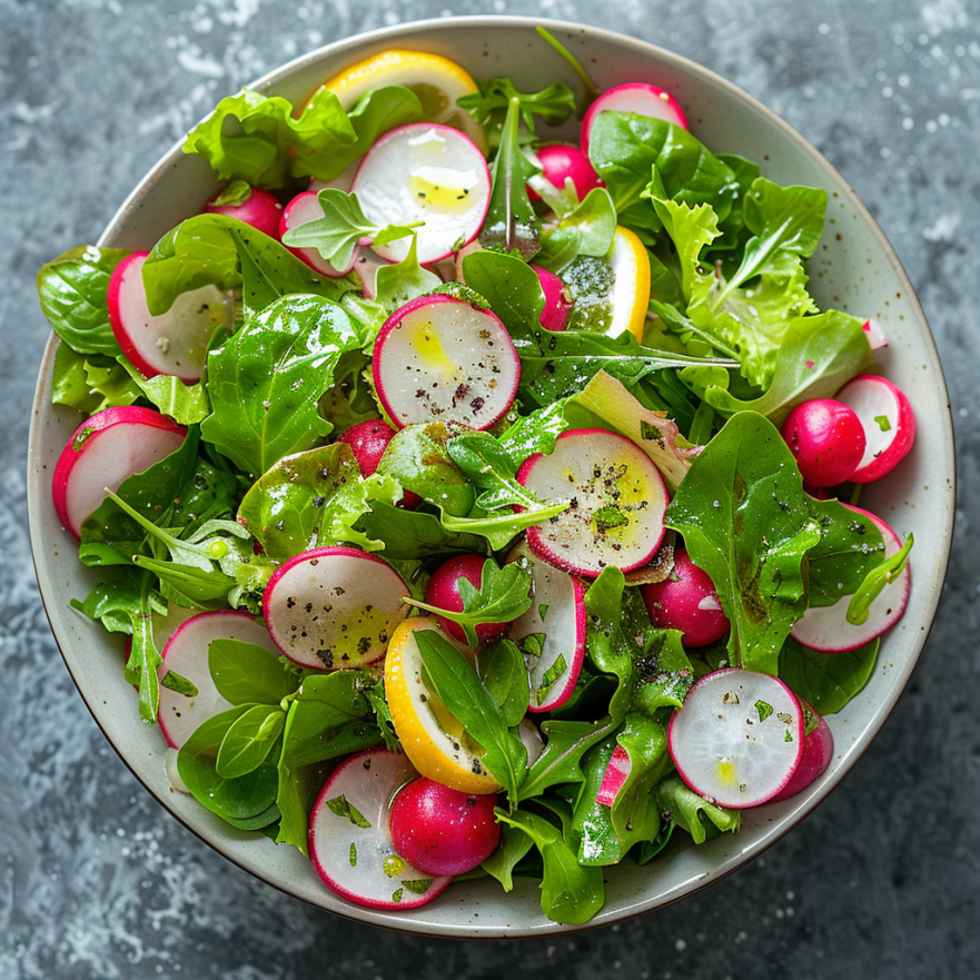 Легкий весняний салат зі свіжою зеленню, редискою та оливковою олією