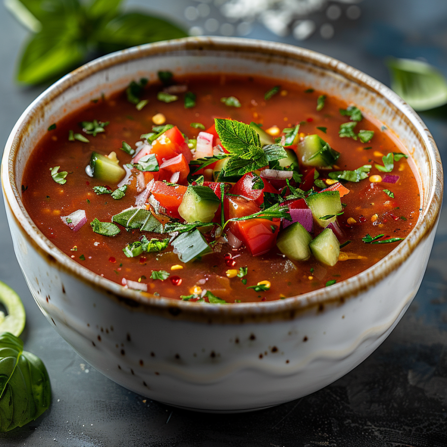 Холодний літній суп гаспачо з томатів, огірків та перцю