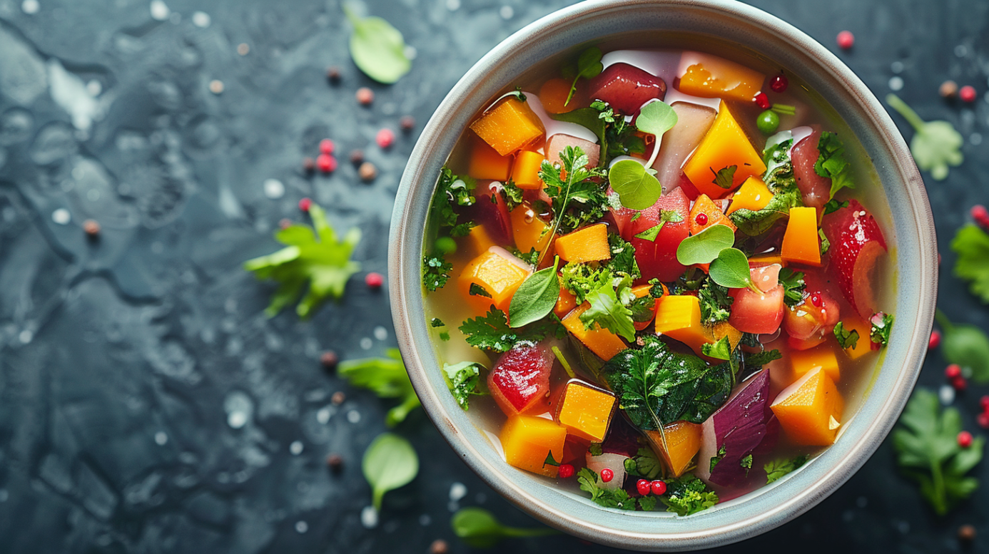 Ароматний овочевий суп з різноманітними овочами та зеленню, багатий на вітаміни